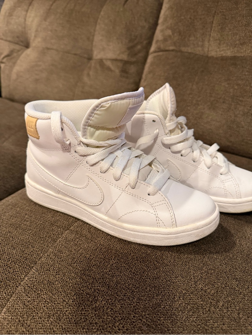 Nike Women's White High-Top Leather Sneakers with Tan Heel Tab